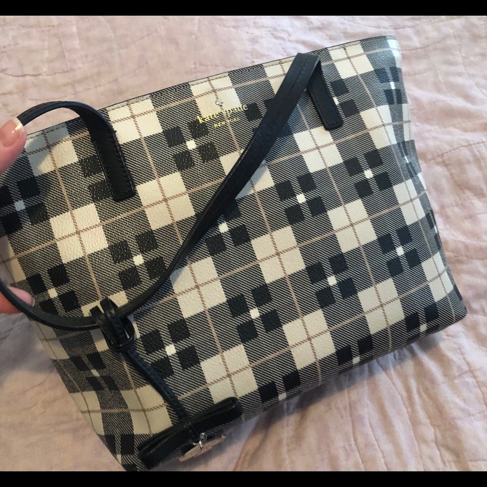 EUC Kate Spade Small Tote Purse Black Cream Plaid